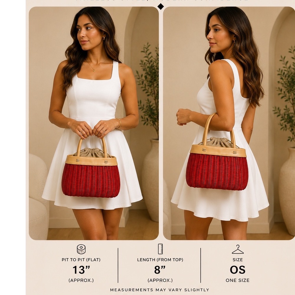Barr + Barr New York Red Wicker Tote Bag Tan Leather Trim Handbag EUC